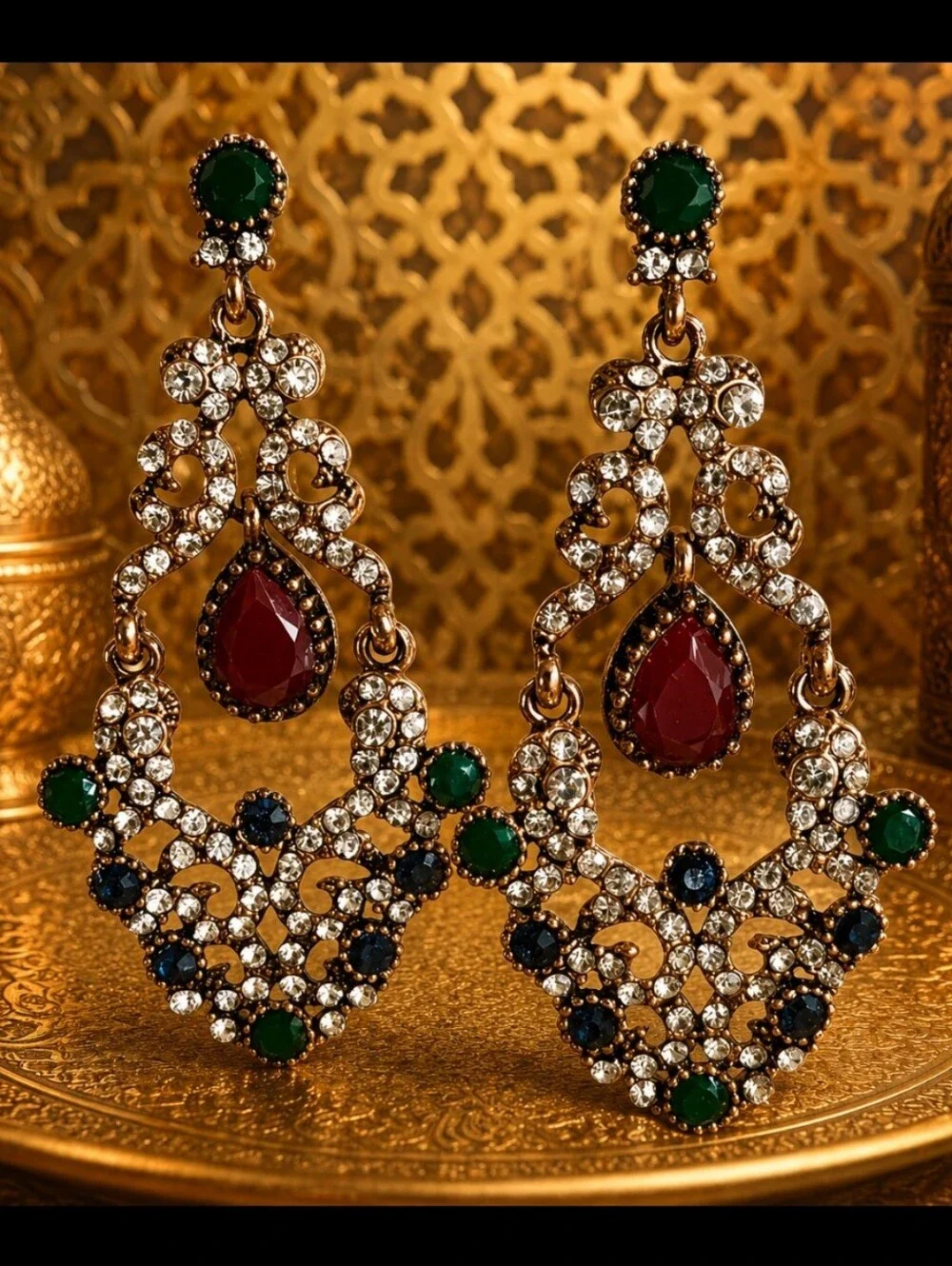 Turkish Pierced Gold Tone Pierced Earrings Emerald Sapphire Burgundy Clear Color